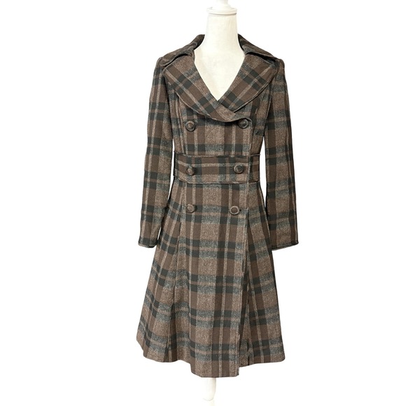 Per Una Coat Womens UK 8 Brown Plaid Double Breasted Wool Blend Fit & Flare - Picture 1 of 16